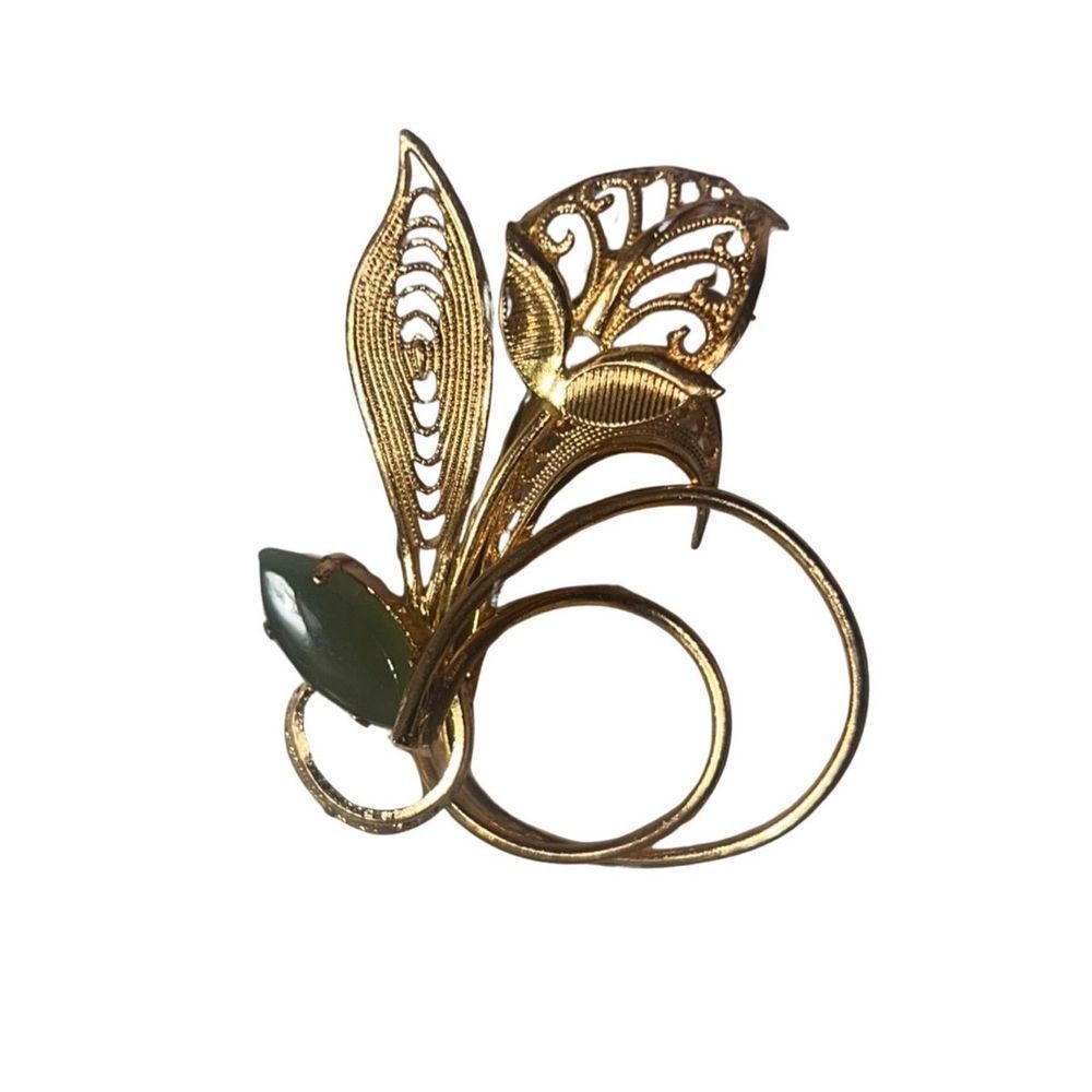Mid Century Western Germany Gold Tone Filigree Green Jade Floral Brooch Womens 30$